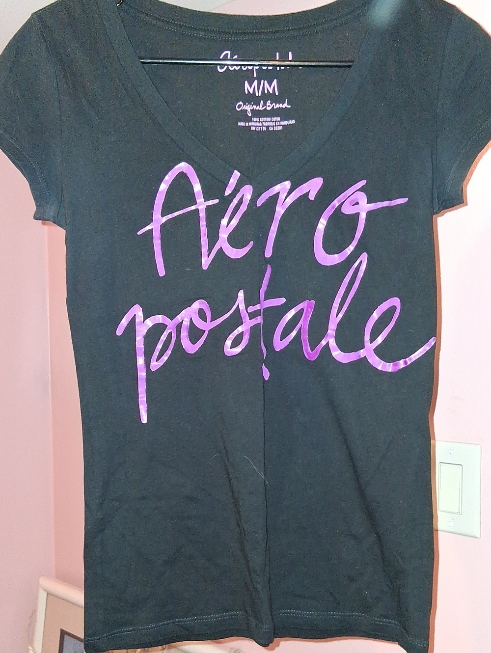Aeropostale Black Short Sleeve V-Neck Tee with Purple Script Logo